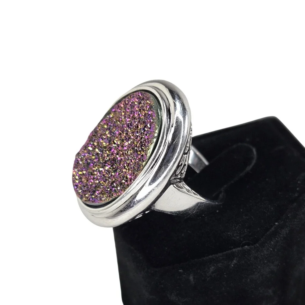 Sterling Silver Druzy Purple‎ Gold Sparkle Cocktail Statement Ornate Set Ring 9